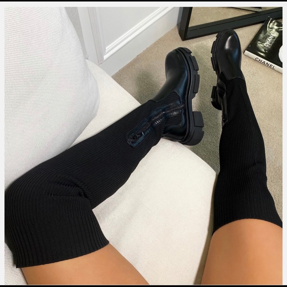 SIMMI LONDON KENNEDI BLK KNITTED CHUNKY BOOTS Sz 7